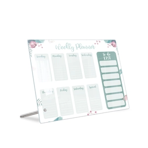 Clear acrylic weekly planner board with floral designs and a sturdy metal stand
