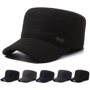 Men Winter Flat Top Cadet Hat Wool Blend Warm Ear Protection Adjustable Military Style Casual Cap