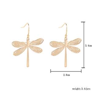 Detailed size view of rose gold dragonfly earrings featuring mesh hollow wing design