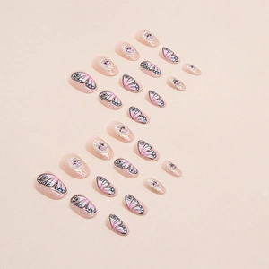 Oval almond press-on nails with mystical eye design and vintage butterfly wing texture