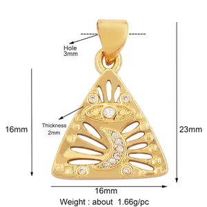 Macro detail of triangle gold evil eye pendant showing precise dimensions and hole size