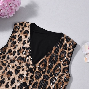 Detailed macro view of V-neck sequined leopard print vest with black buttons and fabric texture