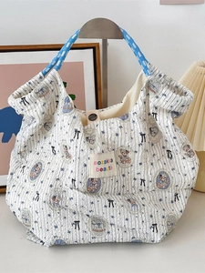 Quilted blue striped canvas handbag with cute teddy bear and ribbon patterns
