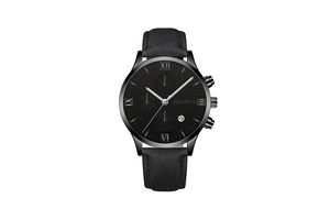 Close-up of black dial with roman numerals, calendar window and leather strap details