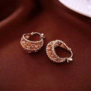 Champagne Rhinestone Huggie Hoop Earrings For Women Luxury Gold Plated Alloy French Vintage Chunky Pavé Jewelry