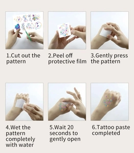 Six-step tutorial showing how to apply cartoon animal temporary tattoo stickers clearly