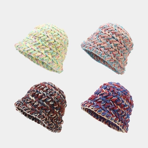 Women Chunky Hand Knitted Bucket Hat Mixed Color Thick Warm Japanese Retro Woolen Crochet Fisherman Hat Winter