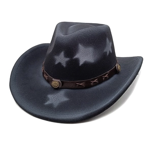 Detailed side view of black wool cowboy hat with star patterns and brown leather band