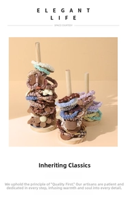 Detail view of wooden scrunchie display stands with Morandi colored hair accessories