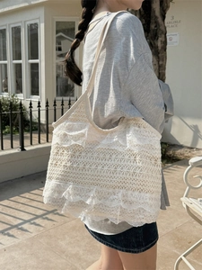 Grand sac cabas chic en dentelle blanche crochetée pour femme, style vintage français