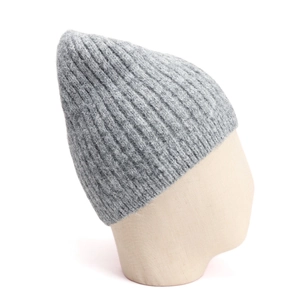 Detailed rib-knit texture of dark grey wool blend beanie on display head