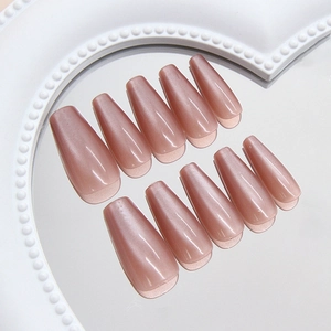 Set of 10 long coffin press-on nails featuring cat-eye velvet effect in plum brown