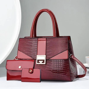 Burgundy crocodile pattern 3-piece handbag set with gold G-buckle and glossy finish