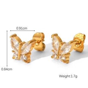 Detailed view of butterfly stud earrings with zircon stones and 0.91cm width measurement