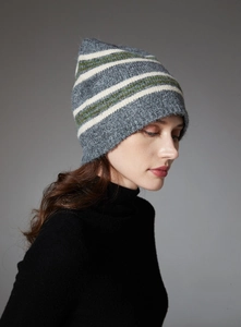 Close-up of grey knitted beanie with green and white stripes on a model's head