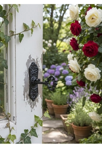 Détail d'une clé en fonte vintage et sa plaque de serrure sur un fond de jardin fleuri