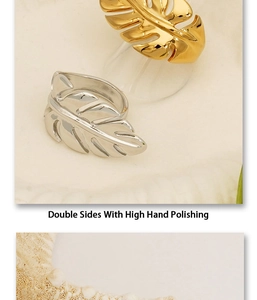 Detailed close-up showing high hand polishing on gold and silver leaf shaped open rings