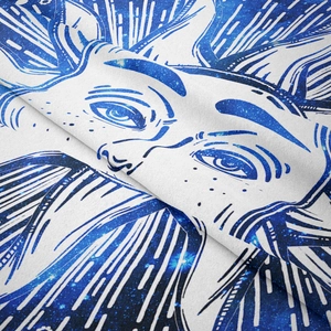 Detailed macro view of bohemian sun face pattern on white polyester wall tapestry fabric