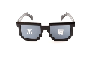 Detail of pixel-style sunglasses with unique Chinese characters printed on dark lenses