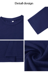 Vues détaillées du t-shirt bleu marine à manches longues montrant le tricot et les coutures