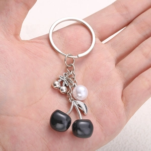 Chic black cherry pearl keychain with silver metal ring for stylish backpack decoration