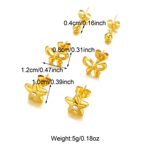 Detailed size specifications for gold stud earrings set featuring ball, bow and star designs