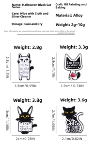 Detail view of Halloween black cat enamel pins showing size, weight, and alloy material