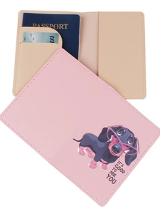 Pink PU leather passport holder featuring a cute dachshund cartoon with glasses