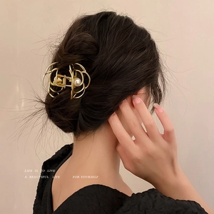 French vintage golden camellia metal hair claw with pearl for elegant updos