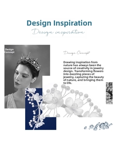 Detail of floral crown with white ceramic flowers, pearls and crystals on silver headband