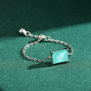 Adjustable S925 sterling silver chain ring with rectangular green tourmaline gemstone