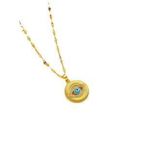 Golden necklace with blue Evil Eye enamel pendant and sparkling crystal accents on white background