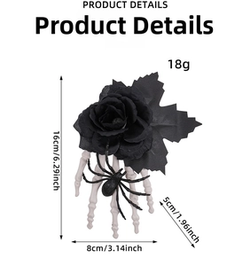 Detail view of Halloween hair clip with black rose, skeleton hand, and spider measurements