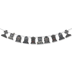Halloween tombstone banner decoration with grey RIP cards and red cross designs
