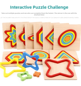 Detailed view of colorful geometric nesting wooden puzzles for early learning education