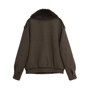 Dark brown faux leather bomber jacket with faux fur collar shown from the back view