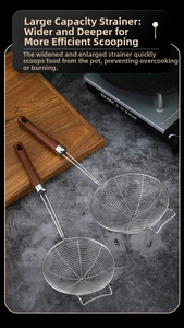 Set of two stainless steel skimmers with ergonomic wooden handles for frying and straining