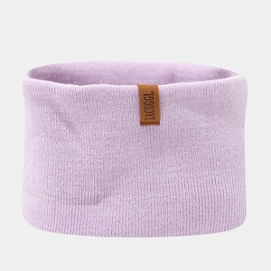 Detailed knit texture of lavender neck warmer with brown leather brand label accent