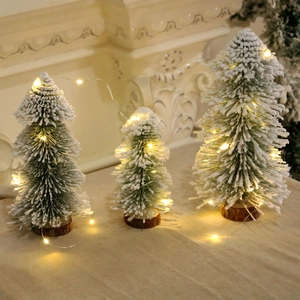 Mini Christmas Tree Tabletop Ornament Snow Frosted Pine Needle With Wood Base LED Warm Glow For Festive Holiday Decor