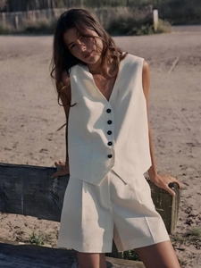 Women Summer V-Neck Vest And Shorts Top And Bottom Casual Linen Polyester Viscose Cotton Outfits For Vacation Streetwear