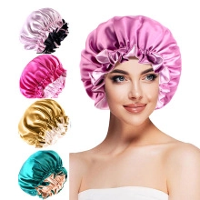 Multiple colors of double-layered satin hair caps shown on a model with elastic wide band