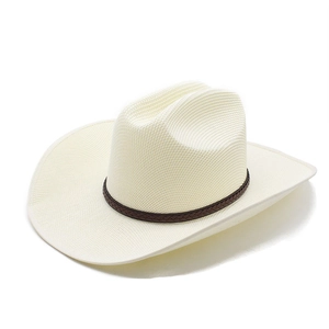 Detail of western straw cowboy hat with woven leather belt and wide curved brim