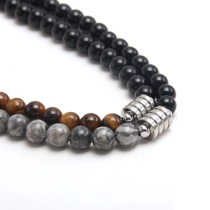 Collier double épaisseur pour hommes en pierres naturelles d'obsidienne et acier inox