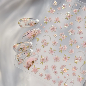 Nail Art Stickers Pink Rose Cherry Blossom Golden Outline Shell Glow Effect Embossed DIY Manicure Decoration Women