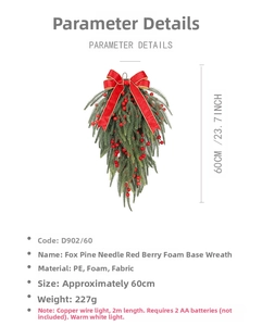 Detail view of 60cm Christmas upside down tree with red berries and bowknot dimensions