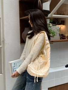 Corduroy beige floral tote bag, large capacity reversible shoulder bag for students
