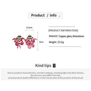 Detailed size chart for pink petal drop earrings with crystal and glass accents
