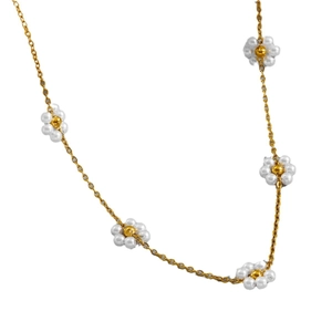 Elegant gold titanium steel necklace with five white pearl flower charms on a white background