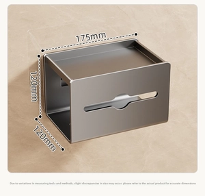 Wall-mounted dark grey tissue box with shelf measuring 175mm by 120mm by 120mm
