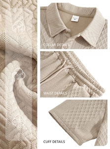 Detail view of khaki polo collar, drawstring waist, and cuff texture on men's knit set